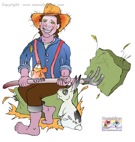 bauer-farmer--mist-gabel-heu-vogel-katzen-hase-mausebaeren