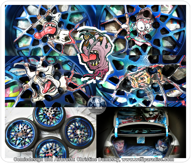 monster hand, handmonster, mausebaeren by Christine Dumbsky Airbrush Felgen, Airbrush Malerei und Felgen Gestaltung von Christine Dumbsky, die K�nstlerin entwarf extra f�r diese Felgen das spezielle Comic angelehnt an Freddy Kruger Horror Hand