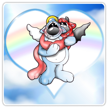 engel schmust teufel, angel and devil, herzen, familie, mausebaer, mauseb�r, mausebaeren, mauseb�ren, mausebear, b�r, b�ren, baeren, comic, komik, illustrationen, schmusen, gemeinschaftskuscheln, gemeinschaftschmusen, kosen, herzen, liebkosen, liebsein zum anderen, jemanden wahrhaft gern haben, Zuneigung, zugeneigt sein, Z�rtlichkeiten austauschen, turteln, kraulen, z�rtlich sein, h�tscheln, ans Herz dr�cken, sich anschmiegen, streicheln, turteln, knuddeln, liebhaben, k�ssen, kuscheln, um den Hals fallen, umarmen, umfangen, schmiegen, bussi geben und nehmen, knuffeln, dr�cken, festhalten und was die Mauseb�ren erfunden haben das Hauptwort: Schmusigkeit, bzw. Schmuseligkeit. Ja ganz richtig! 